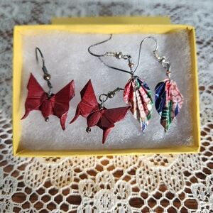 Handmade Origami Butterfly and Leaf Paper Earrings
